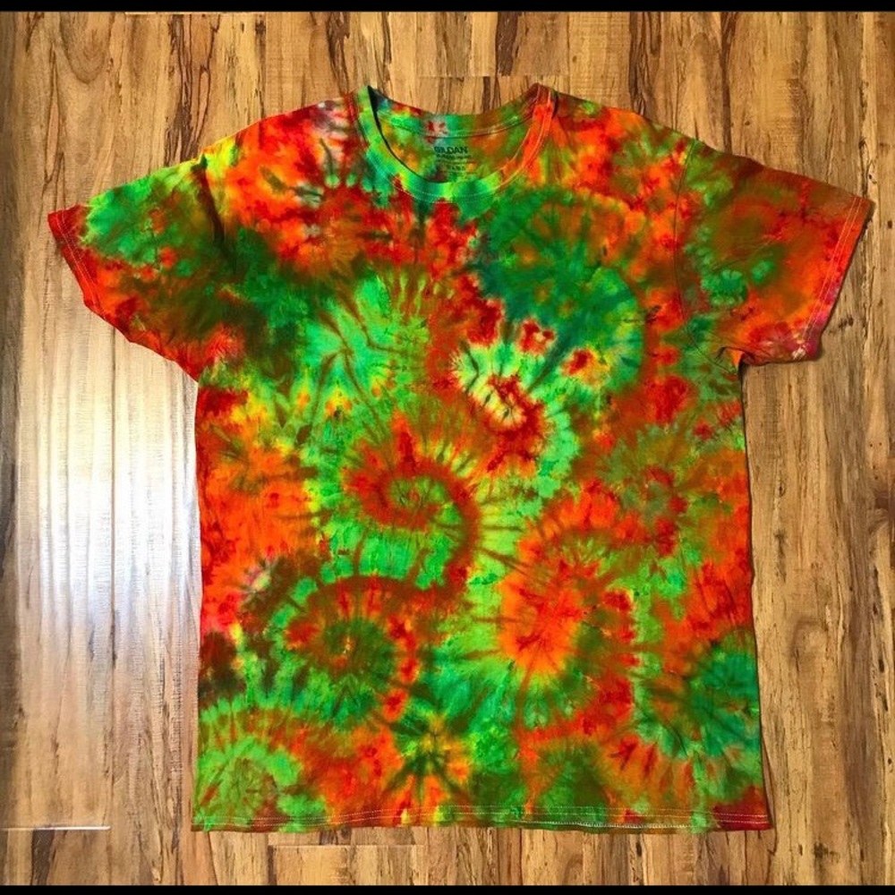 Red/Orange and Green Multi Spiral Ice Dye Tie Dye
